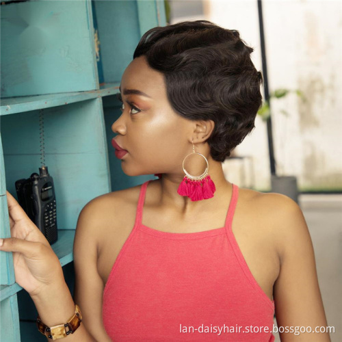 Short Pixie Cut 100 Percent Authentic Human Hair Red wine None Lace Human Hair Wigs